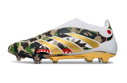Adidas Predator Elite FG Laceless x BAPE football boots side view – exclusive firm ground cleats with laceless design and BAPE camouflage upper.